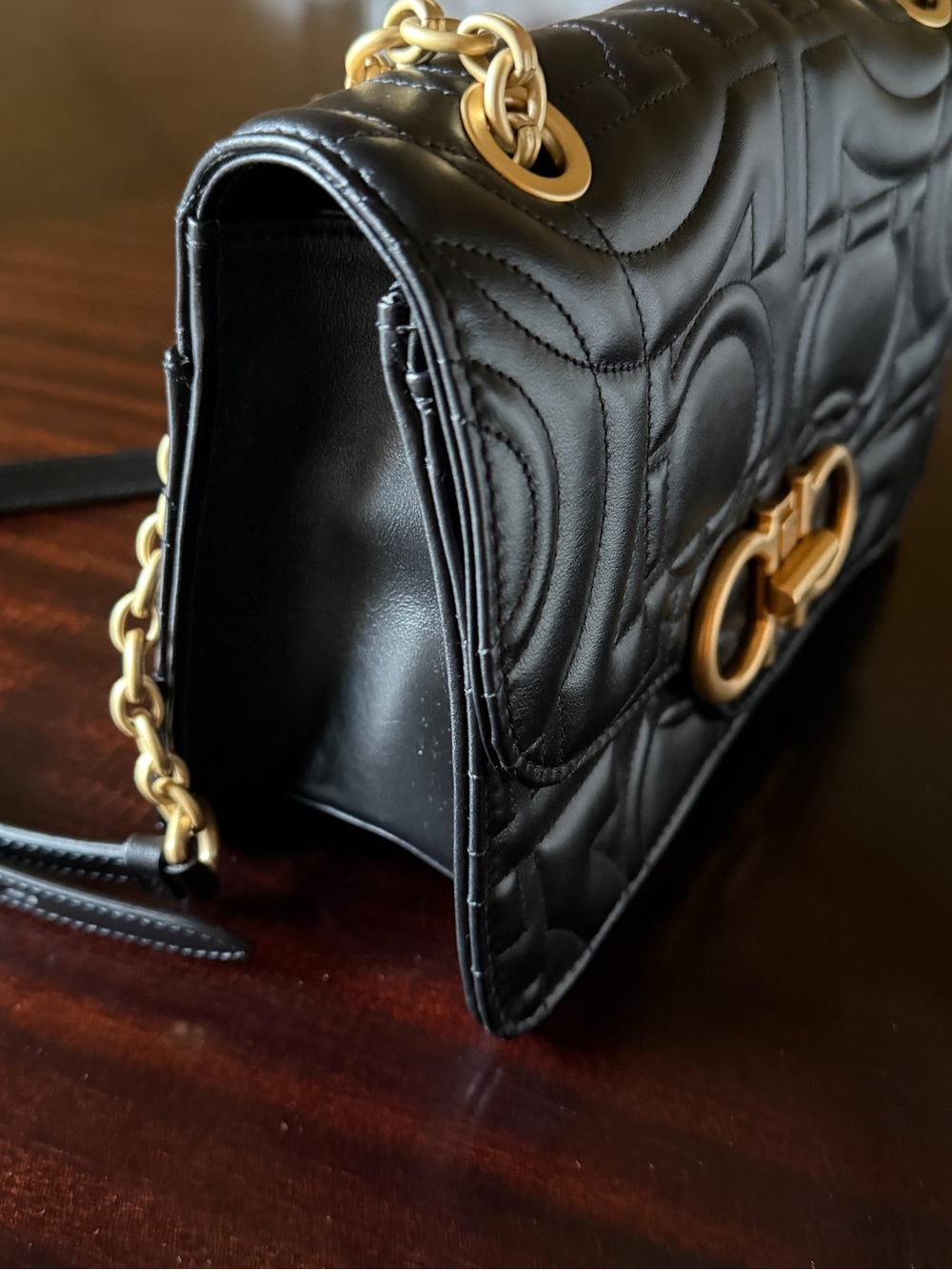 Salvatore Ferragamo Black Quilted Leather Shoulder Bag with Gold Hardware - Picture 6 of 11